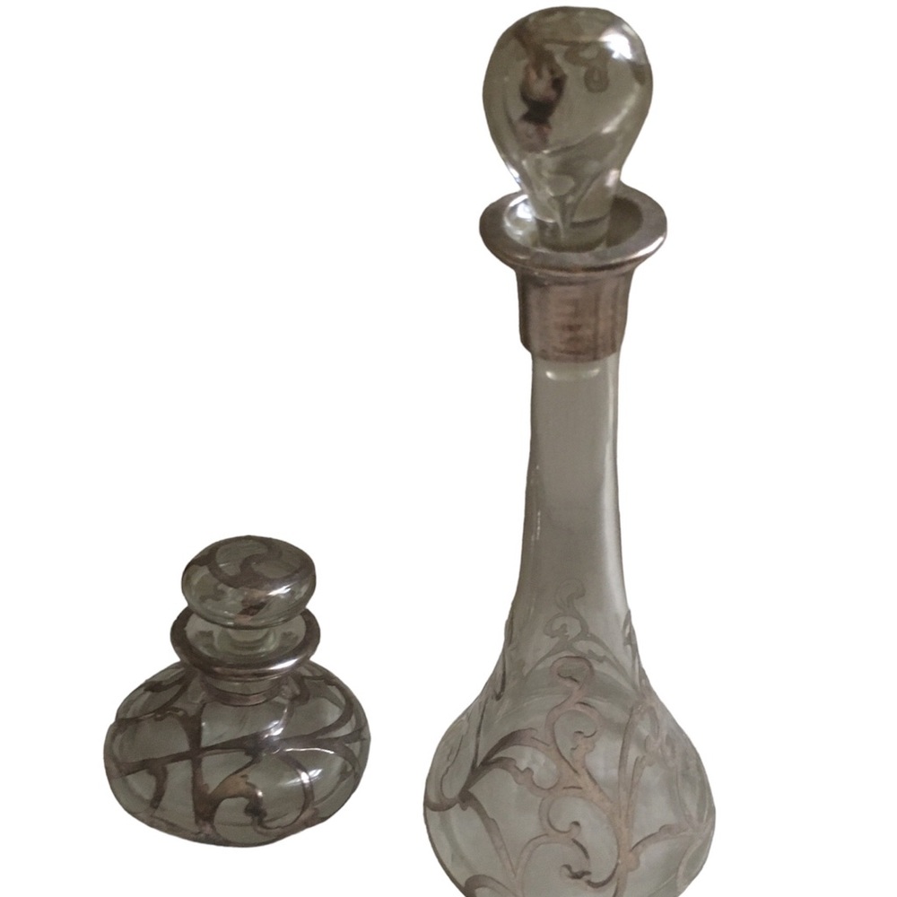 Antique Art Nouveau  Sterling silver over lay glass jars with crystal li…